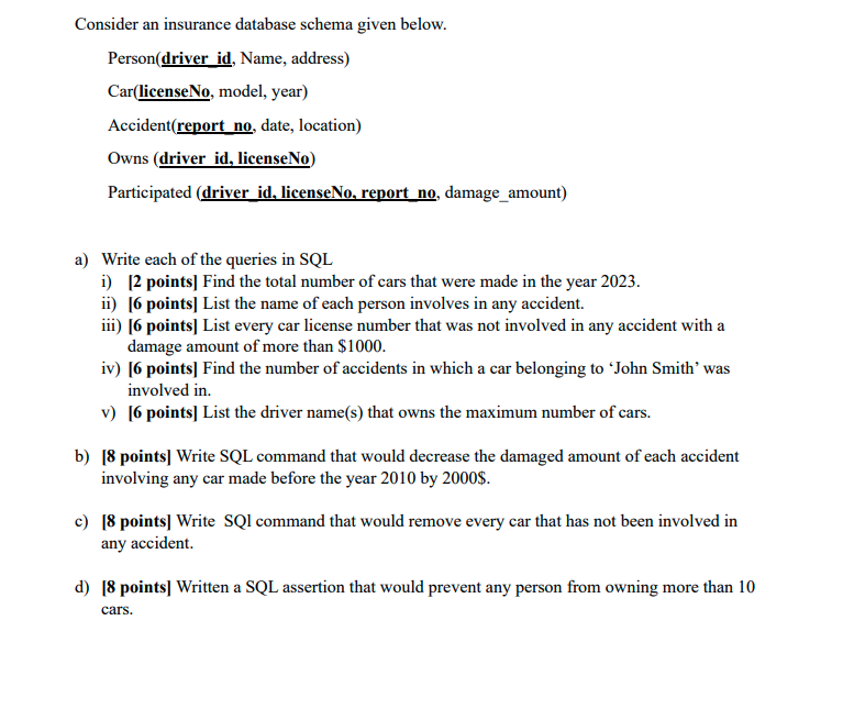Solved Consider an insurance database schema given below. | Chegg.com