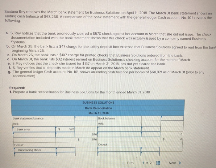 Solved Santana Rey Receives The March Bank Statement For | Chegg.com