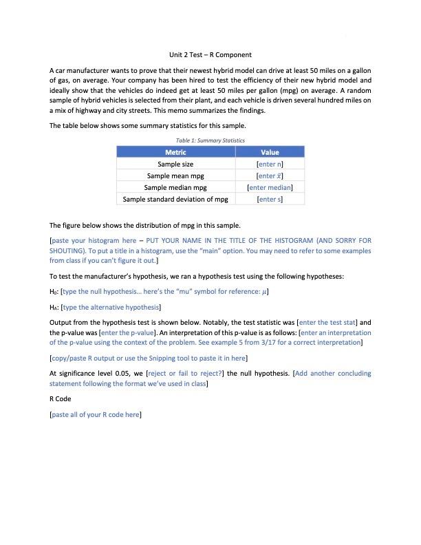 Solved Unit 2 Test - R Component A car manufacturer wants to | Chegg.com