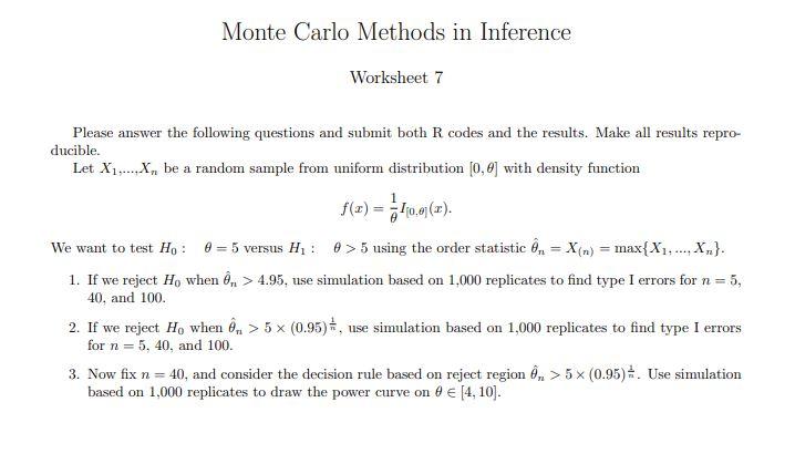 Solved Monte Carlo Methods in Inference Worksheet 7 Please | Chegg.com