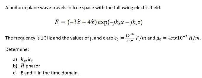 Solved A Uniform Plane Wave Travels In Free Space With The | Chegg.com