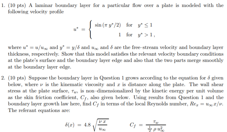Solved 1. (10 pts) A laminar boundary layer for a particular | Chegg.com