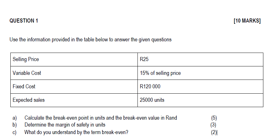 Solved Question 1 10 Marks Use The Information Provided In