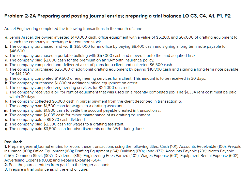 Solved Problem 2-2A Preparing And Posting Journal Entries; | Chegg.com