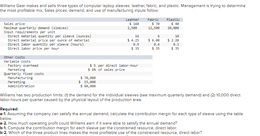 Williams Gear makes and sells three types of computer | Chegg.com