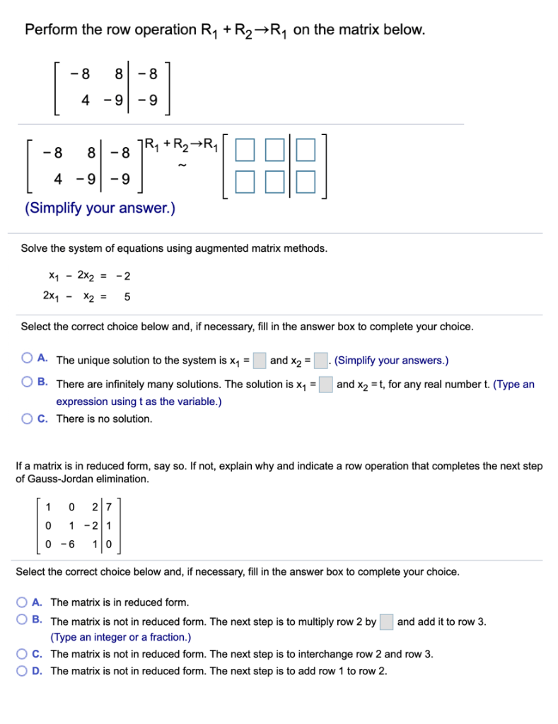 Solved Perform the row operation R1 R2 R1 on the matrix Chegg