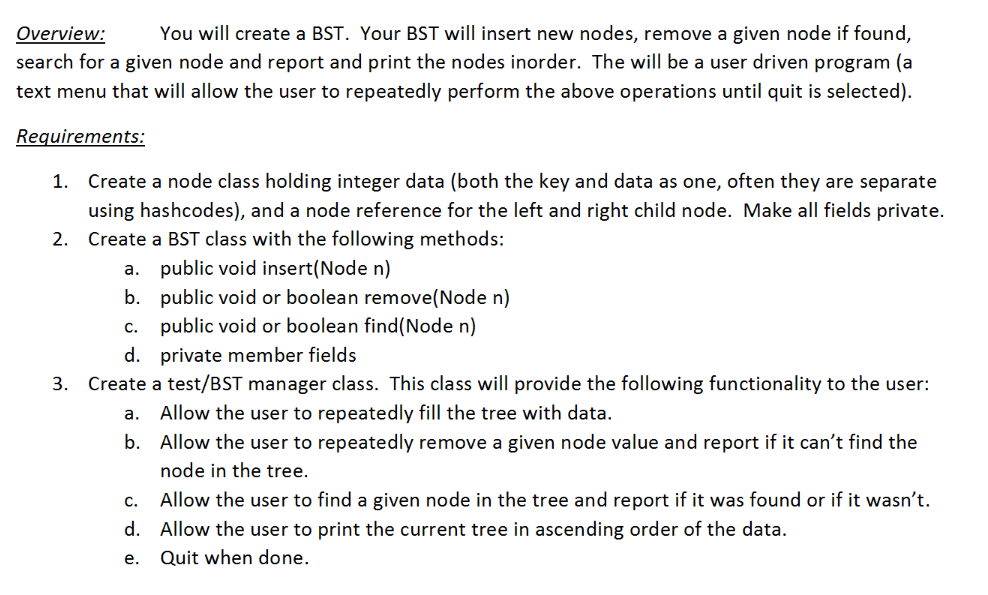 Solved Overview: You will create a BST. Your BST will insert | Chegg.com