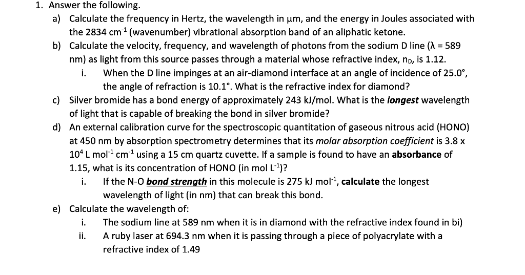 Solved 1. Answer the following. a) Calculate the frequency | Chegg.com