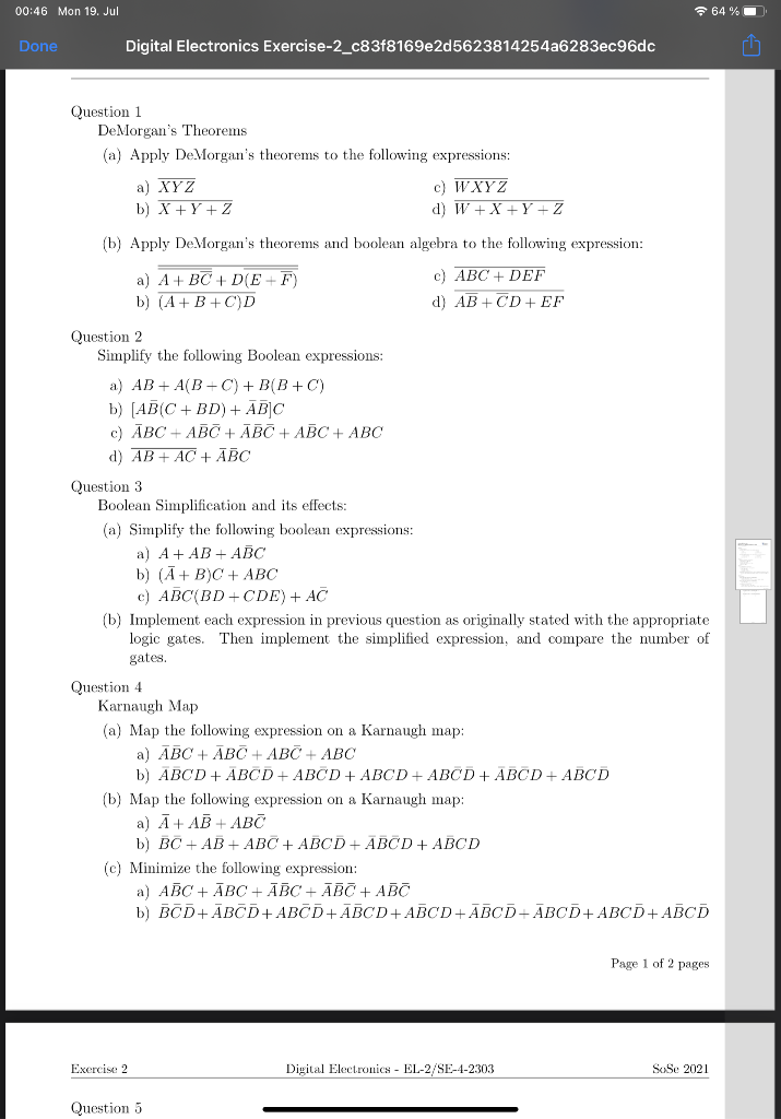 Solved 00:46 Mon 19. Jul 64% Done Digital Electronics | Chegg.com