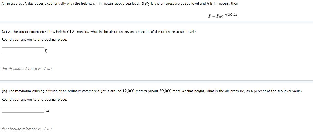 Solved Air pressure, P, decreases exponentially with the | Chegg.com