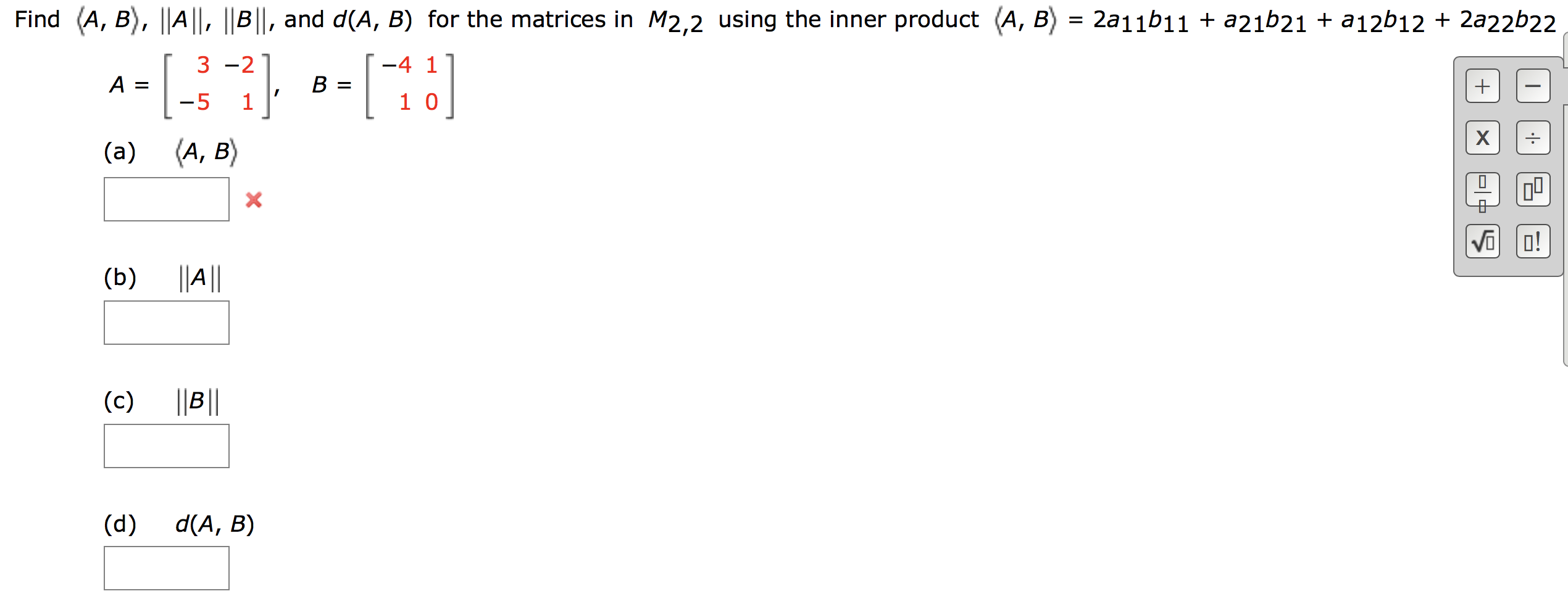 Solved Find (A,B), || A||, ||B||, And D(A, B) For The | Chegg.com