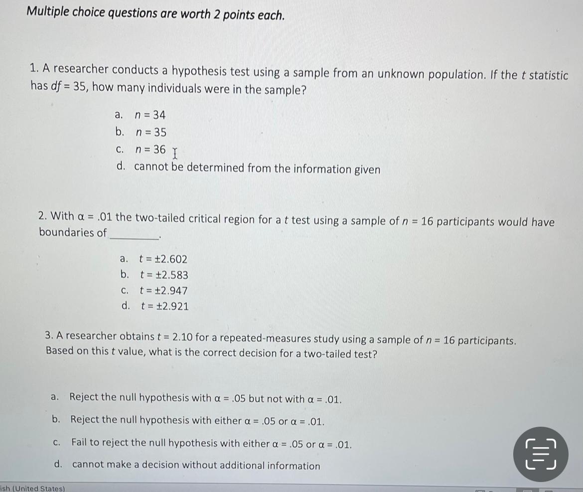 Solved Multiple choice questions are worth 2 points each. 1. | Chegg.com