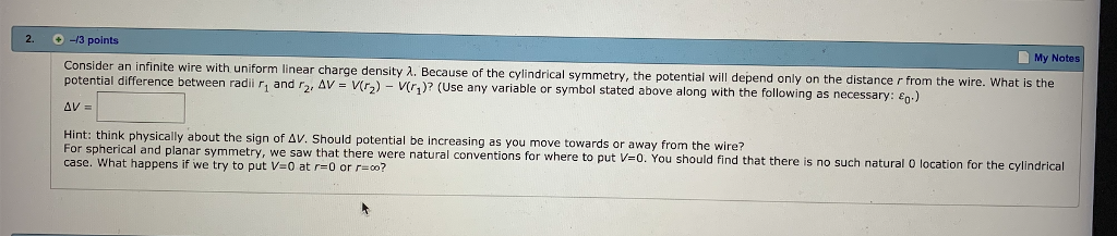 Solved 2. -13 points My Notes Consider an infinite wire with | Chegg.com