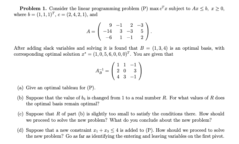 Problem 1. Consider the linear programming problem | Chegg.com