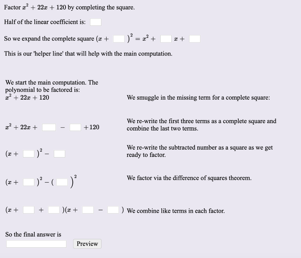 Factor X 22x 120 Pleting The Square Half Chegg 