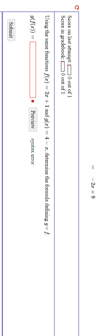 Solved - 2x + 9 Score on last attempt: O0 out of 1 Score in | Chegg.com