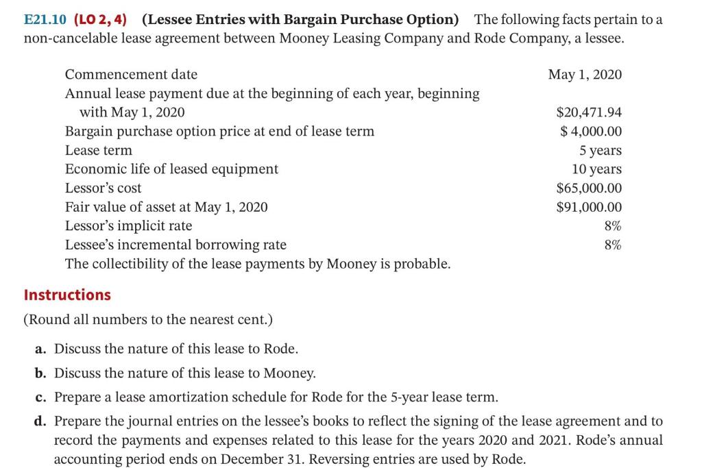 Solved E21.10 (LO 2,4) (Lessee Entries with Bargain Purchase