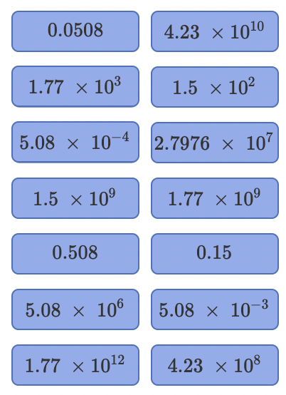 \( 0.0508 \quad 4.23 \times 10^{10} \)
\( 1.77 \times 10^{3} \quad 1.5 \times 10^{2} \)
\( 5.08 \times 10^{-4} 2.7976 \times