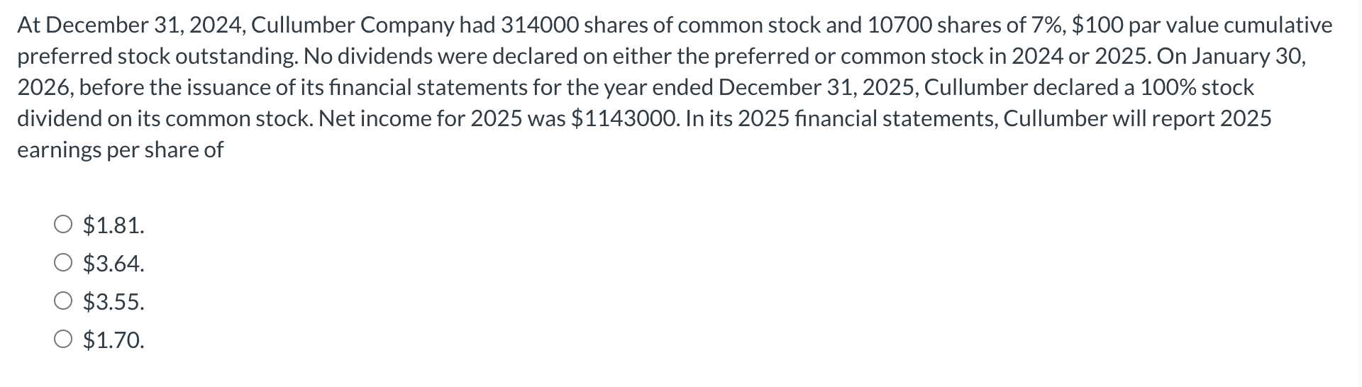 Solved At December 31, 2024, Cullumber Company had 314000