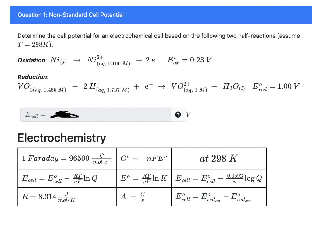 Solved Determine The Cell Potential For An Electrochemical Chegg Com