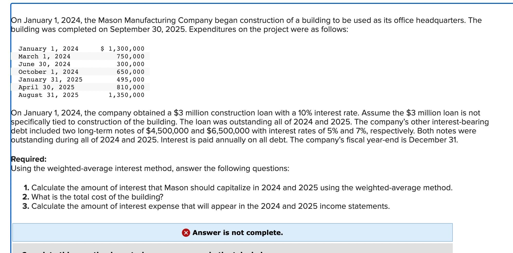 On January 1, 2024, the Mason Manufacturing Company began construction of a building to be used as its office headquarters. T