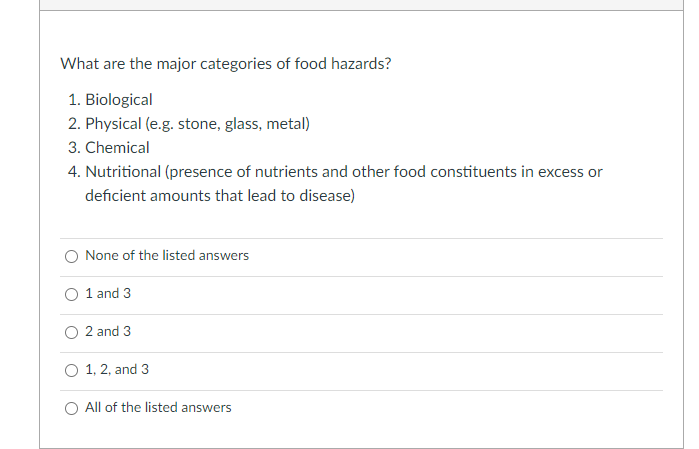 What are the major categories of food hazards?
1. Biological
2. Physical (e.g. stone, glass, metal)
3. Chemical
4. Nutritiona