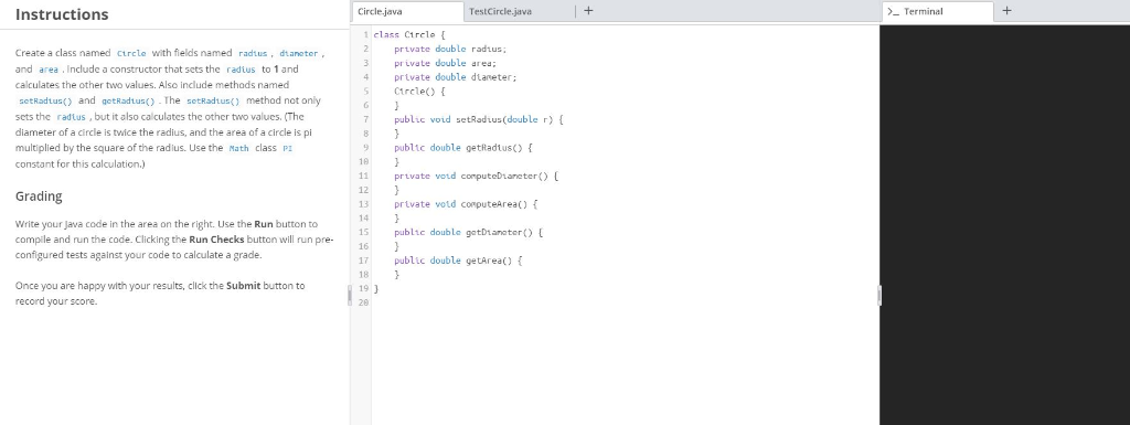 Solved + Circle.java TestCircle.java > Terminal Instructions | Chegg.com
