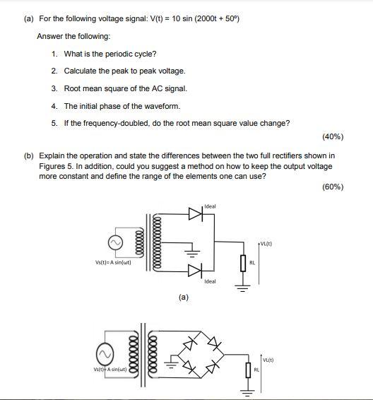 Solved (a) For the following voltage signal: V(t) = 10 sin | Chegg.com
