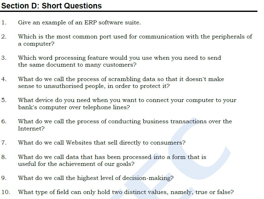 Solved Section D: Short Questions 1. Give An Example Of An | Chegg.com