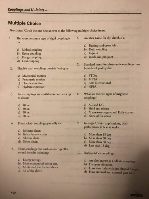 Solved Couplings and UJoints Multiple Choice Directions
