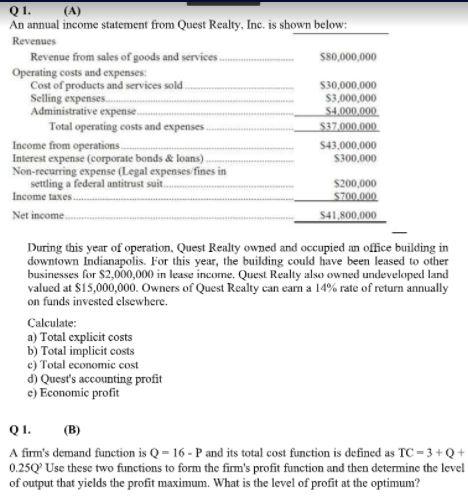 Solved Revenues Q1. (A) An annual income statement from | Chegg.com