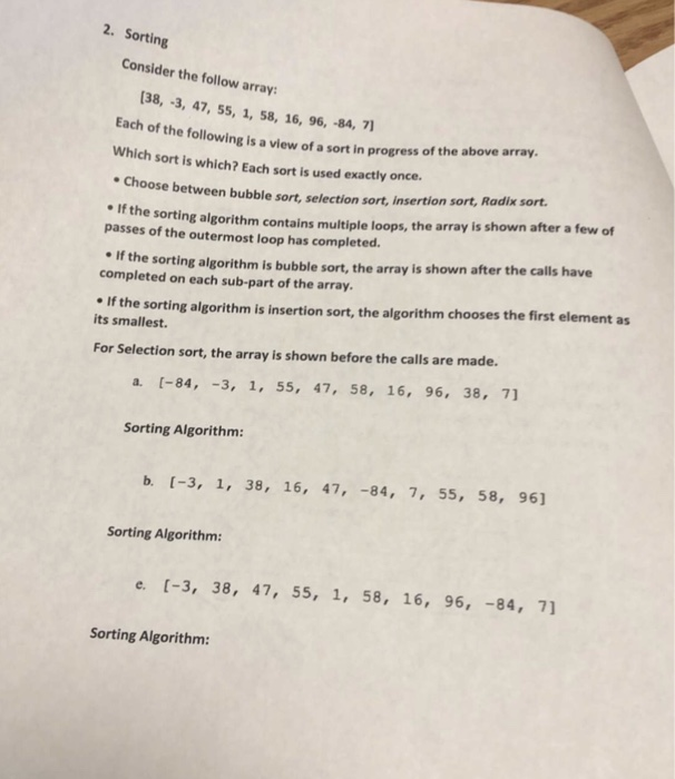 Solved 2. Sorting Consider the follow array: (38, -3, 47, | Chegg.com
