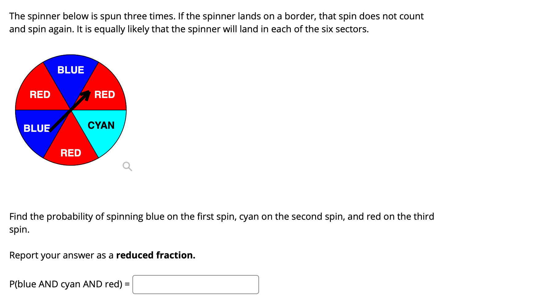 Solved The spinner below is spun three times. If the spinner