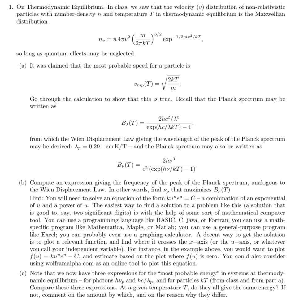 Solved 1. On Thermodynamic Equilibrium. In class, we saw | Chegg.com