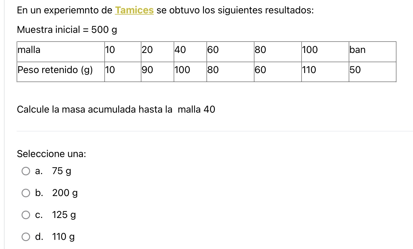 En un experiemnto de Tamices se obtuvo los siguientes resultados: Muestra inicial \( =500 \mathrm{~g} \) Calcule la masa acu