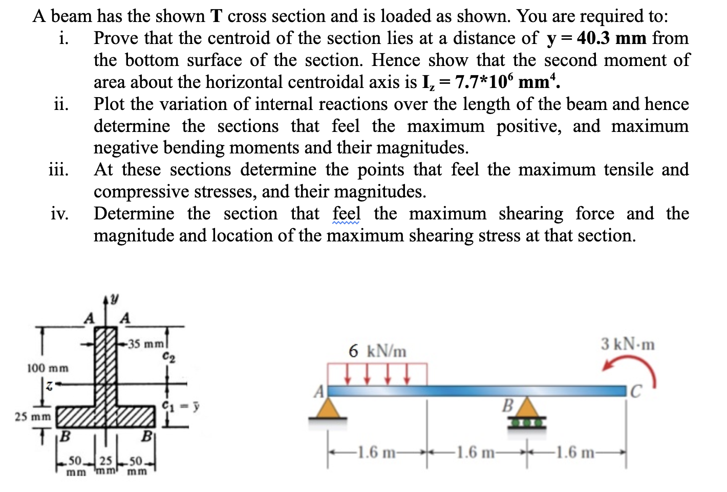 Solved A beam has the shown T cross section and is loaded as | Chegg.com