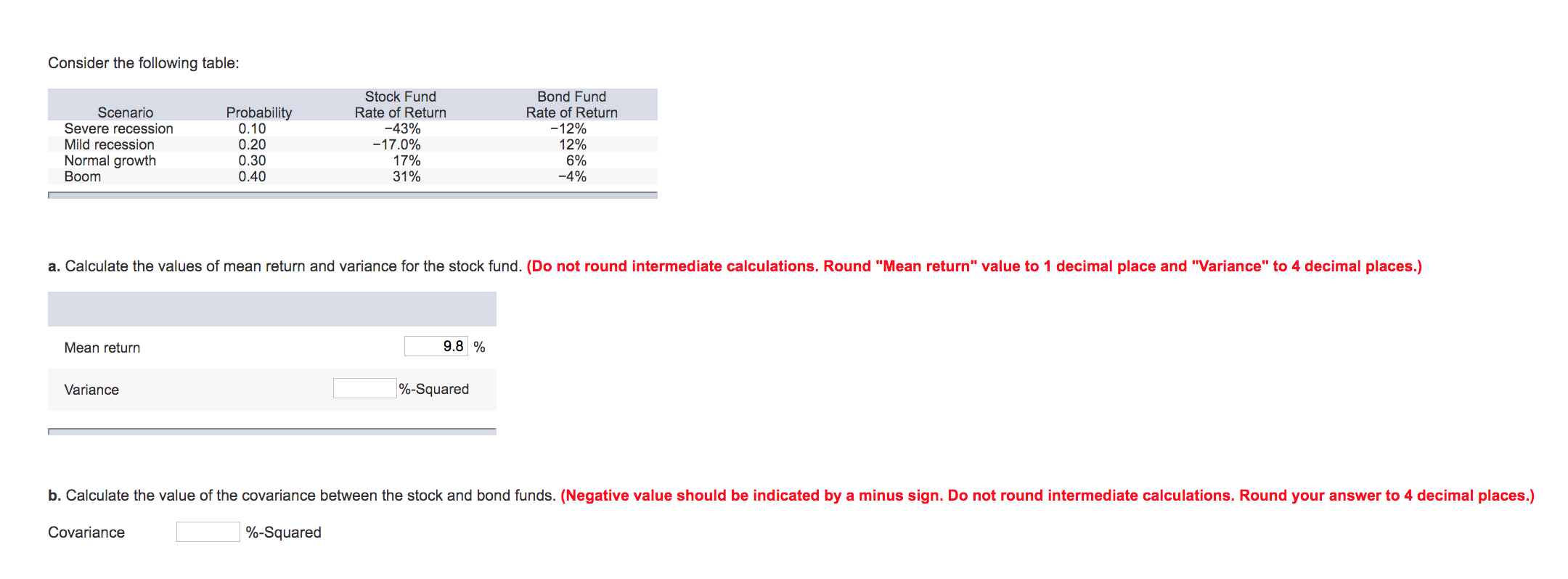 Solved Consider the following table Stock Fund Bond Fund