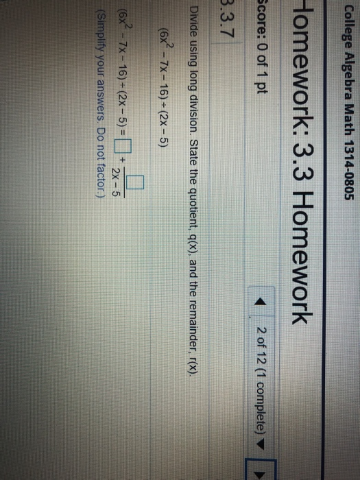 Solved College Algebra Math 1314-0805 Homework: 3.3 Homework | Chegg.com