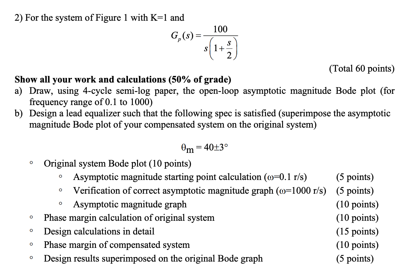 Solved 2) For the system of Figure 1 with K=1 and 100 G(s) = | Chegg.com