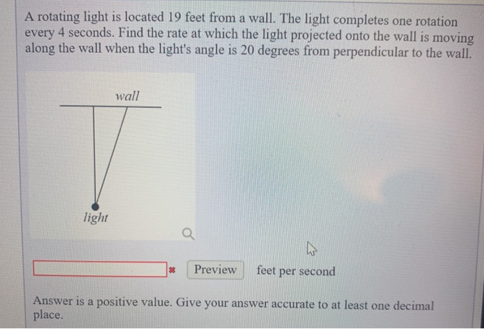 Solved A rotating light is located 19 feet from a wall. The | Chegg.com