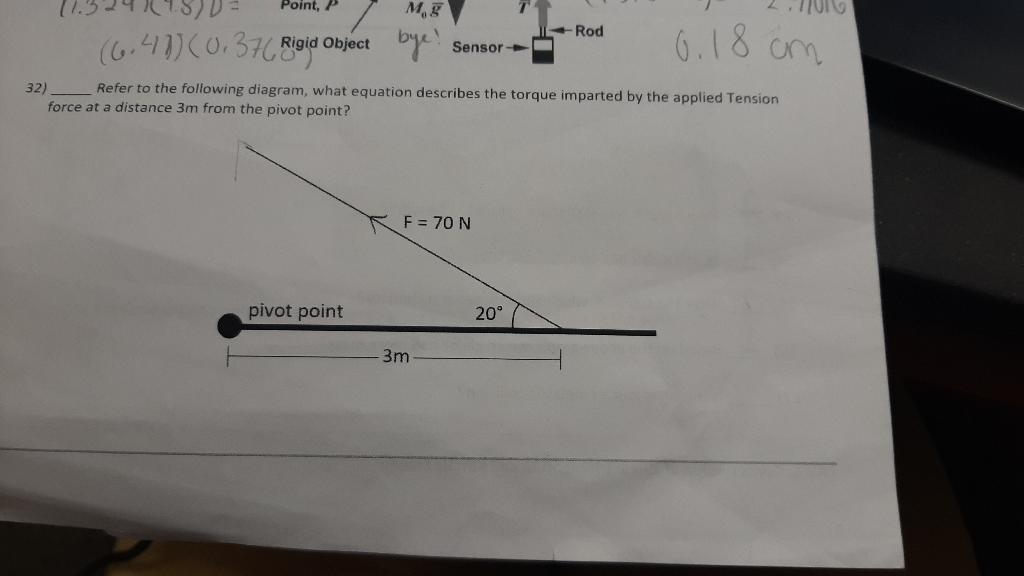 32) Refer to the following diagram, what equation describes the torque imparted by the applied Tension force at a distance \(