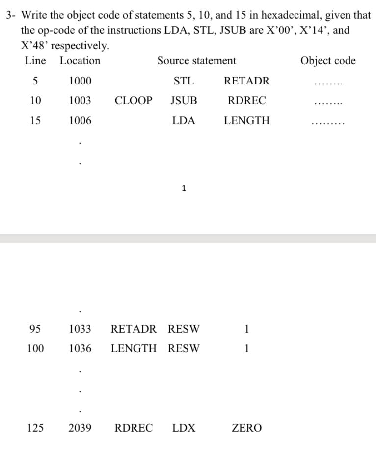 3- Write the object code of statements 5, 10, and 15 | Chegg.com