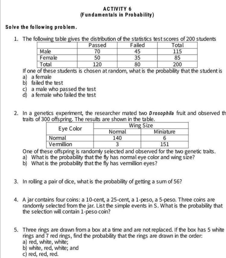 Solved ACTIVITY 6 (Fundamentals In Probability) Solve The | Chegg.com