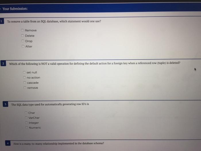 Solved Your Submission: To remove a table from an SQL | Chegg.com