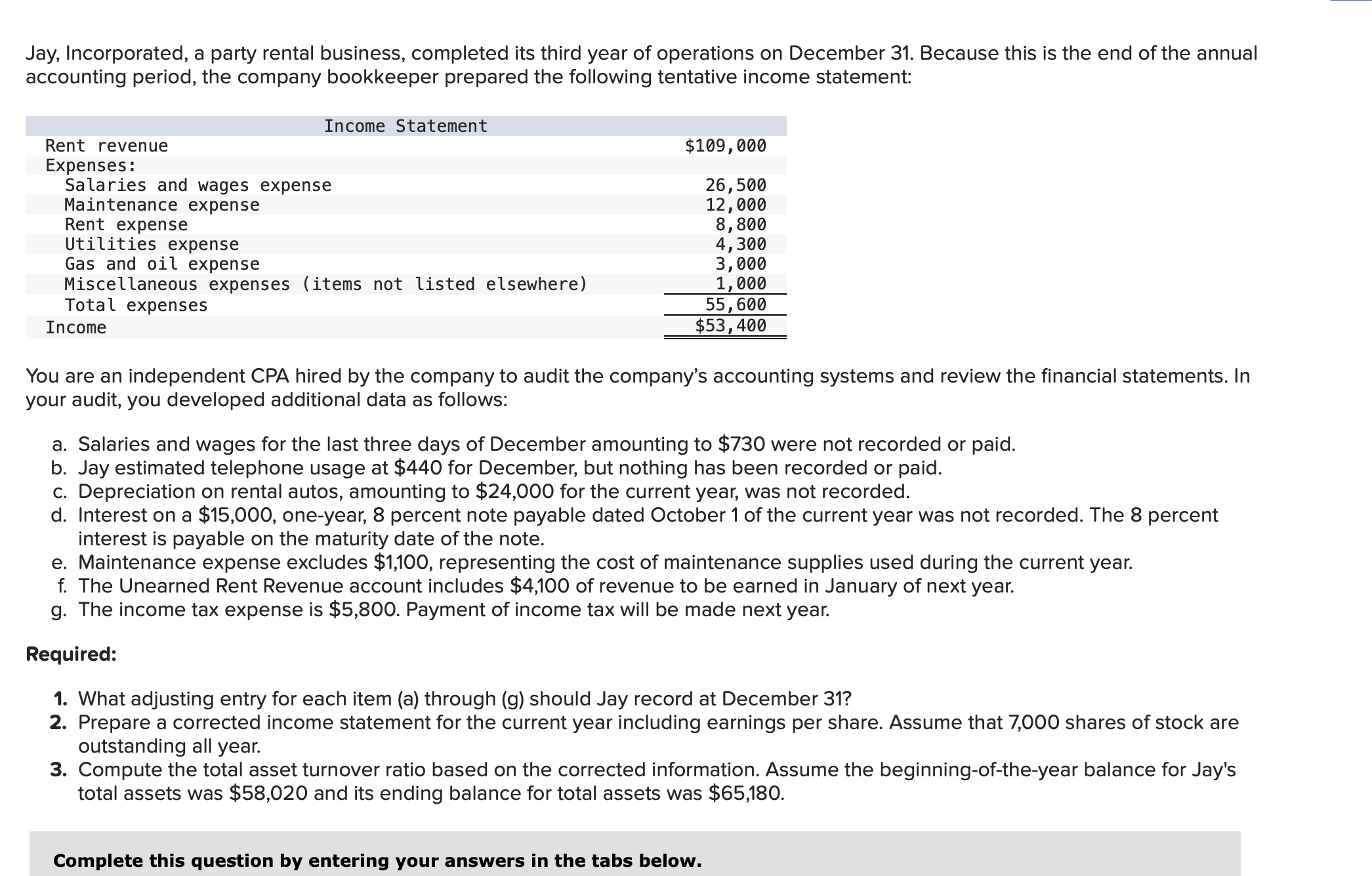 Solved Jay, Incorporated, a party rental business, completed