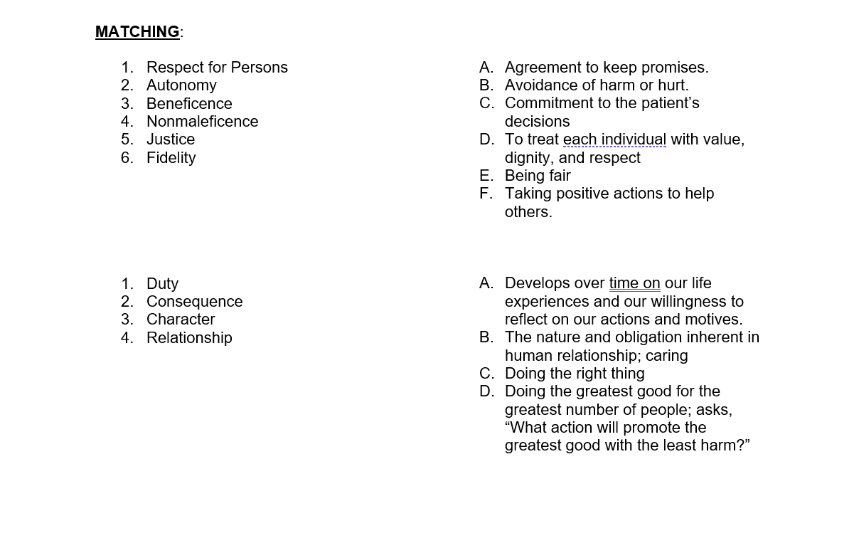 Solved MATCHING: 1. Respect for Persons 2. Autonomy 3. | Chegg.com