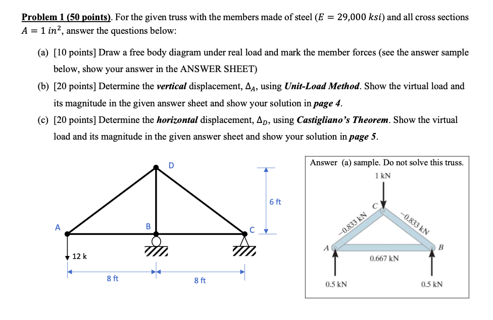 Solved Problem 1 (50 points). For the given truss with the | Chegg.com
