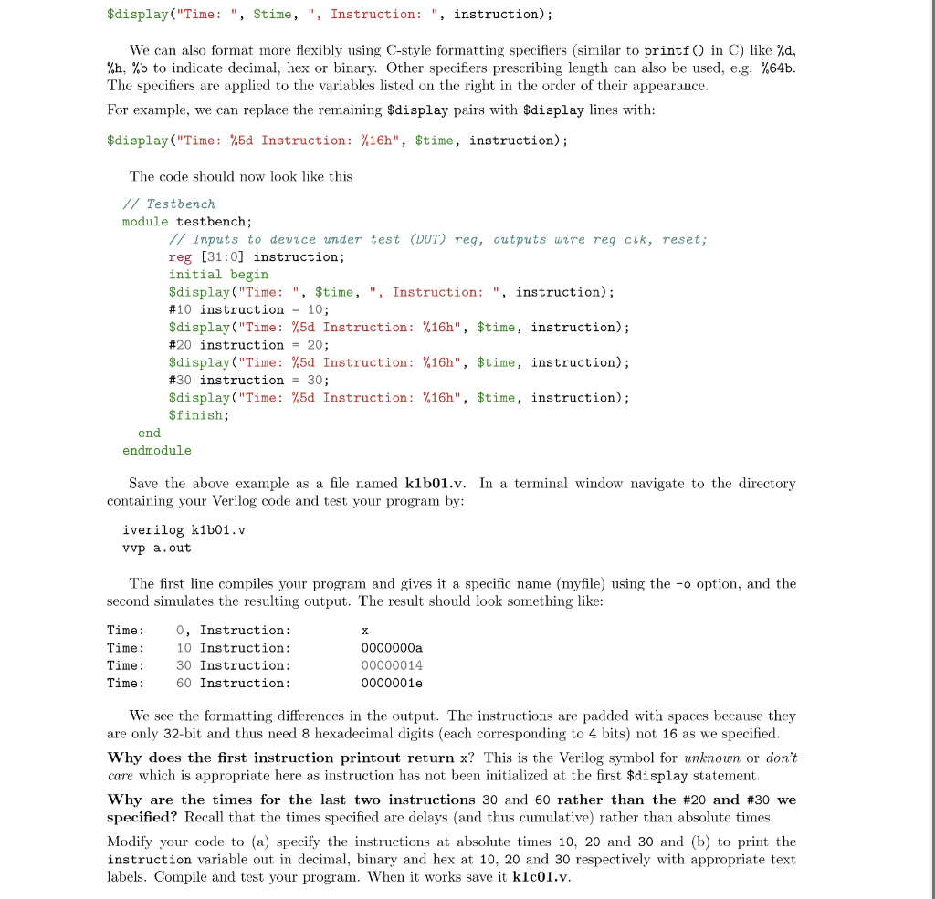 $display("Time: ", $time, ", Instruction: ", | Chegg.com