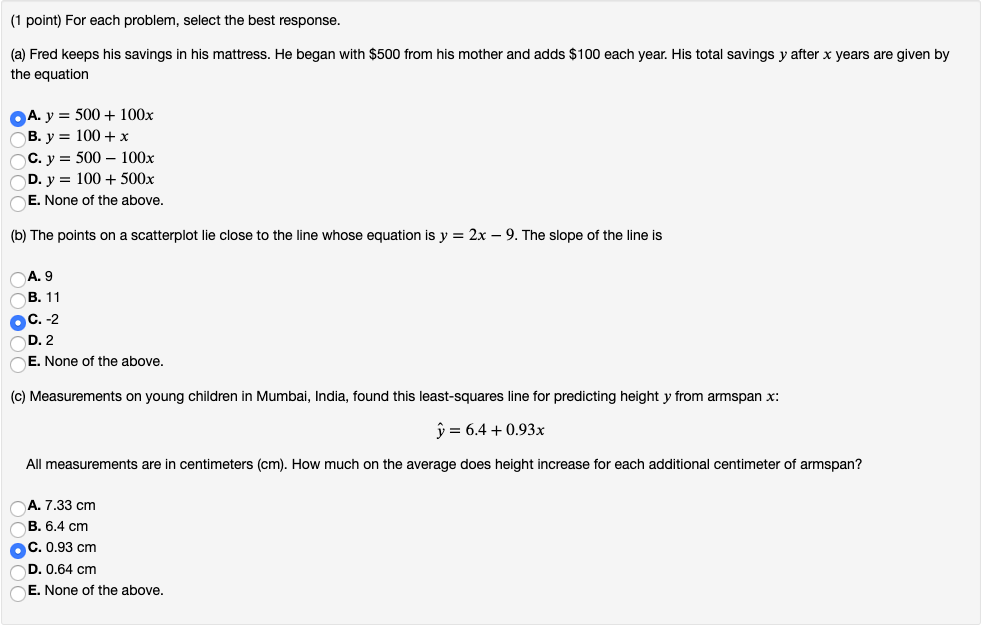 Solved (1 point) For each problem, select the best response | Chegg.com