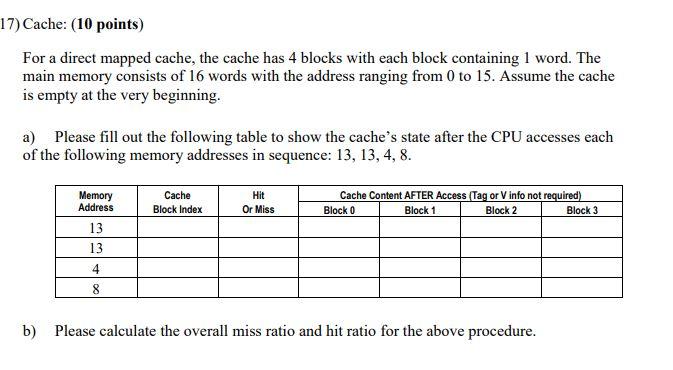 Solved 17) Cache: (10 points) For a direct mapped cache, the | Chegg.com